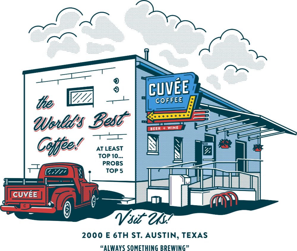 A crisp line drawing of a coffee house selling Cuvee Coffee